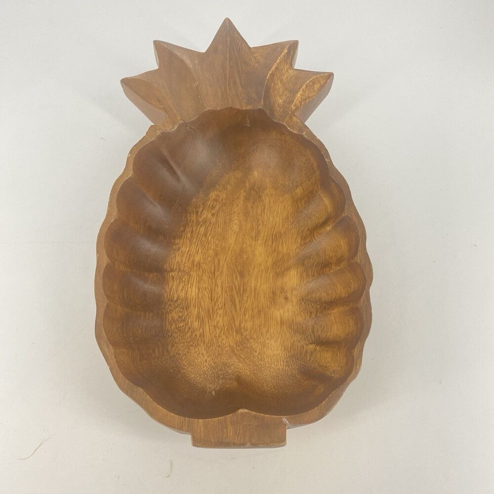 Wood Pineapple Shaped Serving Bowl 13” Tropical Tiki Fruit Snack Dish
